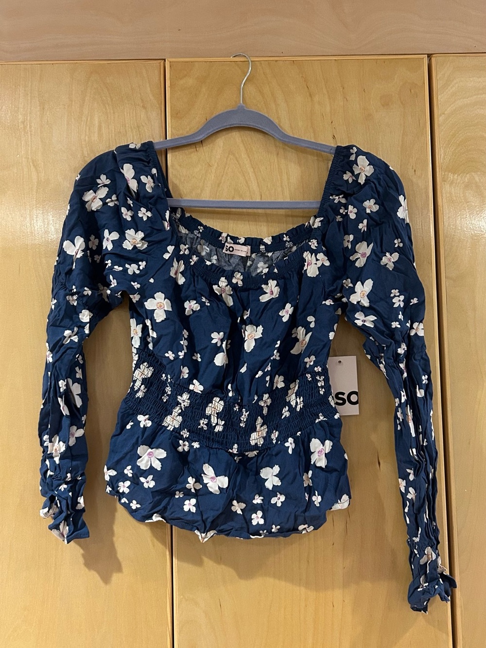 SO Navy Floral Smocked Long-Sleeve Peasant Blouse